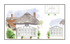 Click to enlarge a watercolour of the front and side elevation of a hardwood conservatory attached to a a thatched cottage, together with an aerial view.