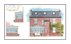 Click to enlarge a watercolour of a classic hardwood orangery, showing the front and side elevations and an aerial view.