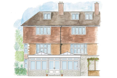 A watercolour of a bespoke designed hardwood orangery